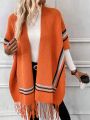 SHEIN LUNE Striped Pattern Fringe Hem Batwing Sleeve Fringe Trim Duster Cardigan