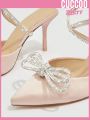 Cuccoo Party Collection Rhinestone & Bow Decor Satin Point Toe Heeled Ankle Strap Pumps