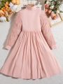 SHEIN Kids QTFun Girls' Fringe Long Sleeve High Neck Knit Elegant Vintage Pink Dress