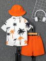 SHEIN 3pcs/Set Toddler Boys' Casual Coconut Tree Patterned Short Sleeve Shirt, Solid Color Shorts And Hat Summer Outfits