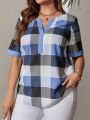 EMERY ROSE Plus Size Notch Neck Short Sleeve Plaid Blouse