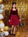 SHEIN Kids KDOMO Tween Girl Square Neck Velvet Dress Without Belt