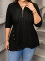 SHEIN LUNE Plus Size Women's Zipper Half-Placket Ribbed T-Shirt