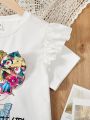 SHEIN Kids FANZEY Girls' Round Neck Short Sleeve T-Shirt With Ruffle Details, Character Print And 3d Bow Decoration