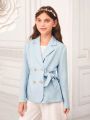 SHEIN Tween Girl 1pc Double Breasted Knot Side Coat