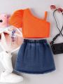 SHEIN Kids HYPEME Young Girls' Ribbed Knit Puff Short Sleeve Top And Button Decorated A-Line Skirt Cute & Cool Fashionable Simple Casual 2pcs Outfits