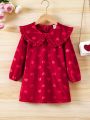 Young Girl Heart Print Statement Collar Lantern Sleeve Dress