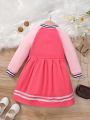 Young Girl Letter Graphic Striped Trim Raglan Sleeve Pleated Hem Dress