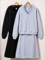 Teen Girls' Drop Shoulder Long Sleeve Sweatshirt And Halter Neck Dress 2pcs/Set