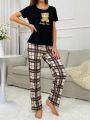 Bear Print Pajamas Checked Home Wear Set