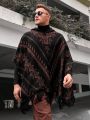 Manfinity Homme Men's Plus Size Geometric Pattern Hooded Raincoat Sweater With Batwing Sleeves And Tassel Hem