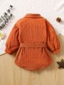 Baby Flap Pocket Lantern Sleeve Belted Corduroy Coat