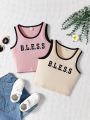 SHEIN Kids EVRYDAY Girls' Knitted Color Block Letter Patterned Crop Top & Vest 2pcs/set