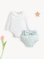 SHEIN Newborn Baby Girls' Ruffle Edge Long Sleeve Romper With Bowknot & Floral Shorts 2pcs Outfits