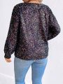 SHEIN LUNE Plus Size Women'S Sparkly Lantern Sleeve Shirt