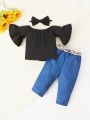 SHEIN Baby Girl's Casual Solid Color One Shoulder Flared Sleeve Top With Leopard Print Belted Jeans Outfit