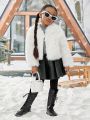 SHEIN Kids Cooltwn Young Girl Solid Open Front Fuzzy Coat