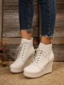 Women's White Wedge Lace-up Ankle Boots With Thick Sole