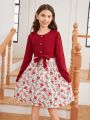 SHEIN Tween Girls' Woven Round Neck Patchwork Floral Dress, Mommy And Me Matching Outfits (2 Pieces Are Sold Separately)