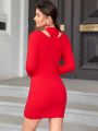 Women'S Solid Color Hollow Out Zipper Front Sweater Dress