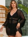 SHEIN Swim Vcay Plus Size Women'S Waist Tie Sheer Mesh Kimono