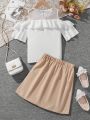 SHEIN Kids EVRYDAY Tween Girls' Ladylike Top & Pleated Skirt Set