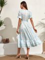 Women'S Round Neck Short Sleeve Floral Print Midi Dress