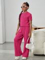 SHEIN Kids Cooltwn Tween Girl Solid Ribbed Knit Tee & Wide Leg Pants