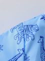 Baby Boys' Elephant & Giraffe Print Short Sleeve Shirt With Collar, Vacation Style For Summer
