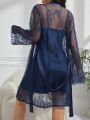 Women'S Lace Long Sleeve Robe And Cami Nightgown Pajama Set