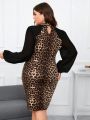 SHEIN Clasi Plus Size Color Blocking Leopard Print Long Sleeve Dress