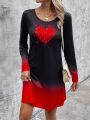 Women's Black Gradient Heart Print Round Neck Dress