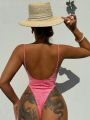 SHEIN Swim SXY Women's Deep V Neck Halter Backless One Piece Swimsuit