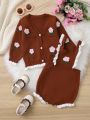 Baby Girls' 3d Flower Button Up Cardigan Sweater And Overall Clothes Set