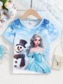 SHEIN Kids QTFun Toddler Girls' Lovely Snowman Princess & Snowflake Print T-shirt