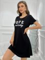 Casual Short Sleeve Women'S Sleep Dress With Letter Print And Round Neckline