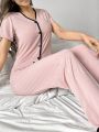 Colorblock Edging Button Front Short Sleeve Top And Long Pants Homewear Set