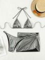 SHEIN Swim BAE Silver Metallic Triangle Cup Bikini Swimsuit Set + Beach Skirt 3pcs Combo