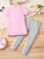 SHEIN Kids QTFun Little Girls' Unicorn Printed Short Sleeve T-shirt And Long Pants Set