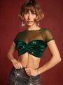 LOVING U Mesh Ruched Front Crop Velvet Top