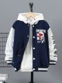 SHEIN Kids EVRYDAY Tween Boy Japanese Letter & Chinese Dragon Graphic Two Tone Varsity Jacket Without Hoodie