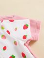SHEIN Baby Girls' Cute Strawberry Printed Short Sleeve Romper With Round Neck