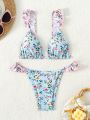 SHEIN Swim Mod Small Floral Print Ruffled Bralette Bikini Set With High Waisted Bottoms