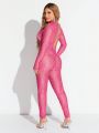 SHEIN SXY Women's Pink See-through Lace Hollow Out Backless Bodysuit