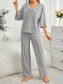 Women'S Notched Collar Knit Stripe Pajama Set