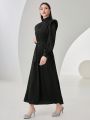 SHEIN Modely Ladies' Stand Collar Long Sleeve Belted Shirt Dress