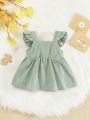 SHEIN Baby Girl Cartoon Embroidery Ruffle Trim Corduroy Dress