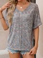 V-Neck Batwing Sleeve T-Shirt With Button Detail