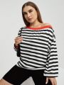 SHEIN Essnce Women's Plus Size Striped Lantern Sleeve T-shirt