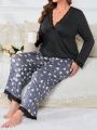 Plus Floral Print Lace Trim PJ Set